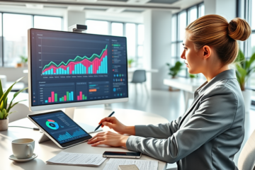 Young professional analyzing digital campaign measurement dashboards on a computer in a bright modern office to enhance SEO results