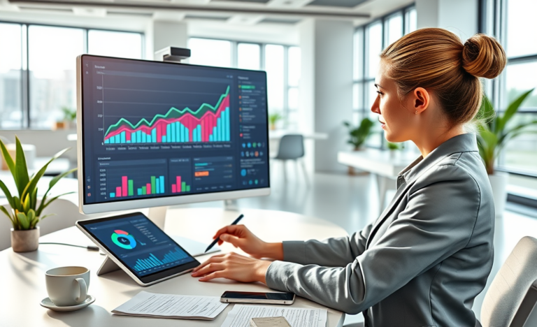 Young professional analyzing digital campaign measurement dashboards on a computer in a bright modern office to enhance SEO results