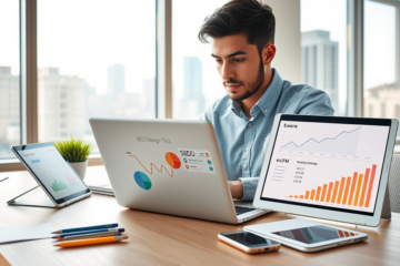 Professional in a bright office working on laptop with SEO analytics, ad design visuals, and eCPM charts for better ad SEO