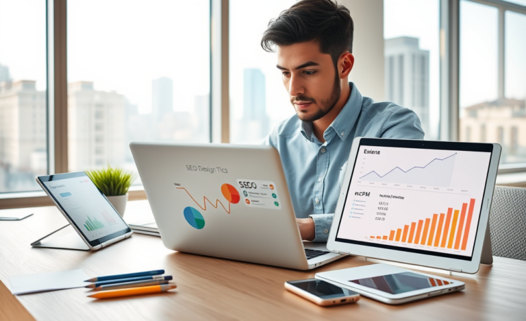Professional in a bright office working on laptop with SEO analytics, ad design visuals, and eCPM charts for better ad SEO