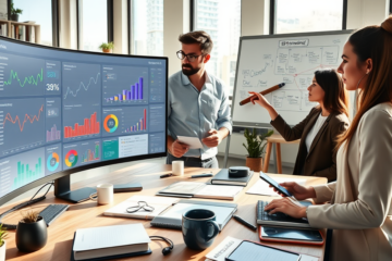 A modern office scene showing a diverse team collaborating on SEO content marketing services with analytics and eCPM data on screens and whiteboard