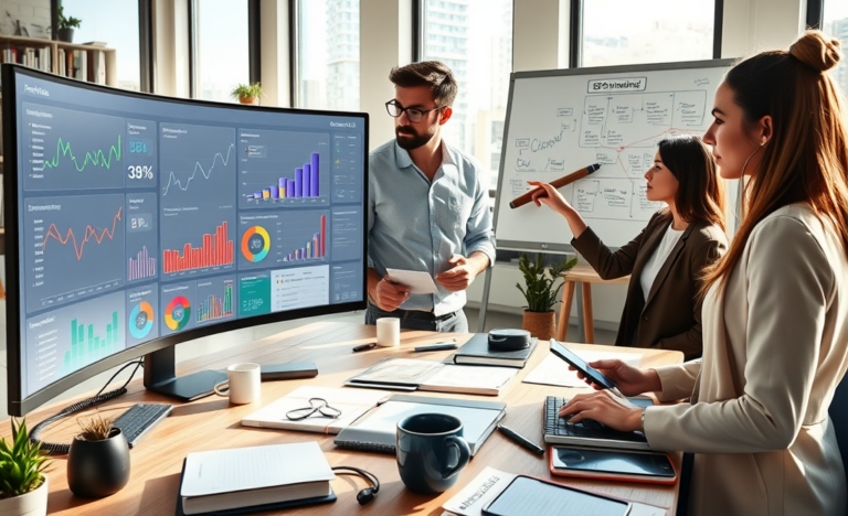 A modern office scene showing a diverse team collaborating on SEO content marketing services with analytics and eCPM data on screens and whiteboard