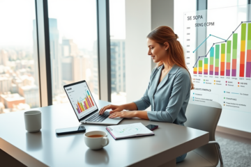Young woman analyzing SEO traffic growth and eCPM metrics on laptop in a bright modern digital marketing office with city view