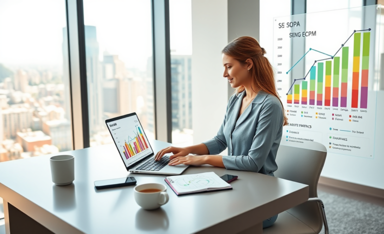 Young woman analyzing SEO traffic growth and eCPM metrics on laptop in a bright modern digital marketing office with city view