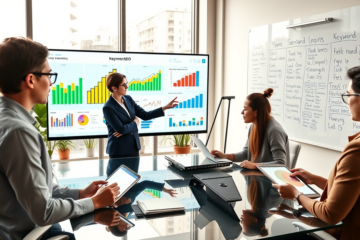Digital marketing team collaborating around a screen showing SEO growth charts and eCPM analytics in a bright modern office