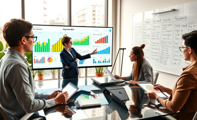 Digital marketing team collaborating around a screen showing SEO growth charts and eCPM analytics in a bright modern office