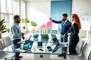 Diverse digital marketing team collaborating with laptops and digital SEO analytics in a bright modern office to improve SEO and revenue