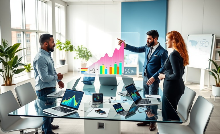 Diverse digital marketing team collaborating with laptops and digital SEO analytics in a bright modern office to improve SEO and revenue