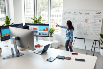 Three diverse young adults collaborating in a bright modern office using laptops and dual monitors with SEO and eCPM analytics for digital marketing growth