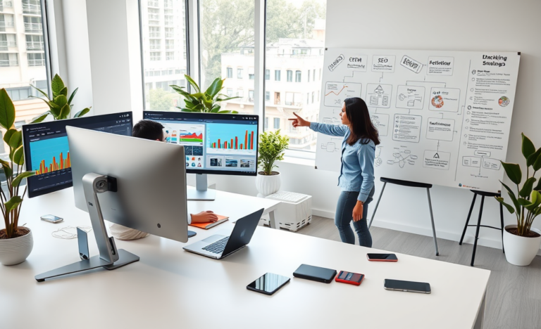Three diverse young adults collaborating in a bright modern office using laptops and dual monitors with SEO and eCPM analytics for digital marketing growth