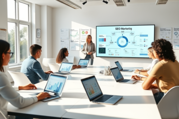 Students and instructor engaged in a bright classroom during a digital marketing course for beginners focused on building SEO results