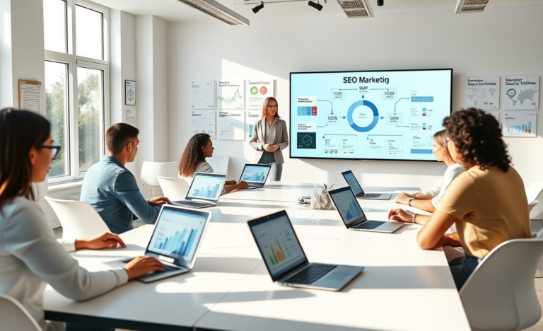 Students and instructor engaged in a bright classroom during a digital marketing course for beginners focused on building SEO results