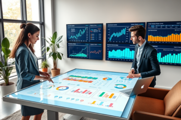 Diverse digital marketing team collaborating in a bright modern office using interactive screens to analyze SEO and eCPM data