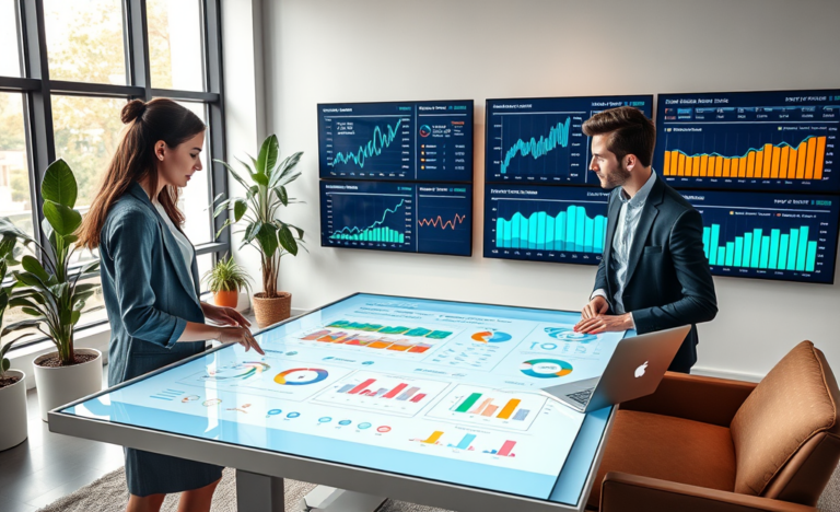 Diverse digital marketing team collaborating in a bright modern office using interactive screens to analyze SEO and eCPM data